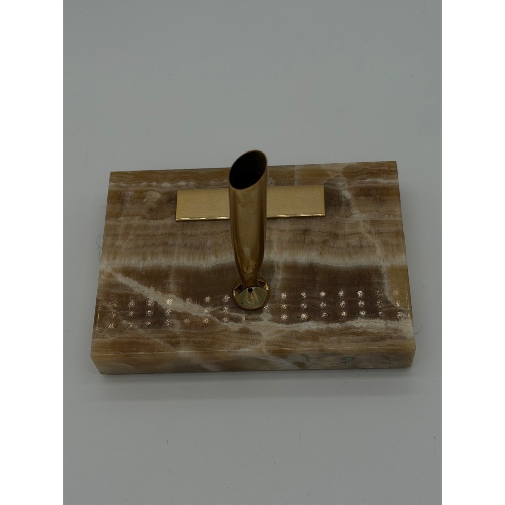Vintage Onyx Stone Desk Pen Holder Gold Tone Base Mid Century Executive‎ Decor